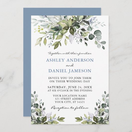 Elegant Waterverf Greenery Dusty Blue Wedding Kaart (Voorkant / Achterkant)