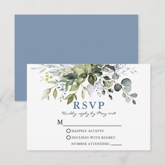 Elegant Waterverf Greenery Dusty Blue Wedding RSVP Kaartje (Voorkant / Achterkant)