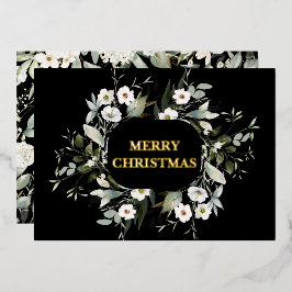 Elegant Waterverf Greenery Floral Black Real Gold Folie Feestdagenkaart