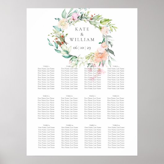 Elegant Waterverf Greenery Floral Seating Plan Poster (Voorkant)