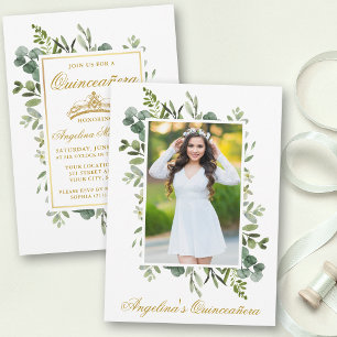 Elegant Waterverf Greenery Foto Quinceanera Kaart