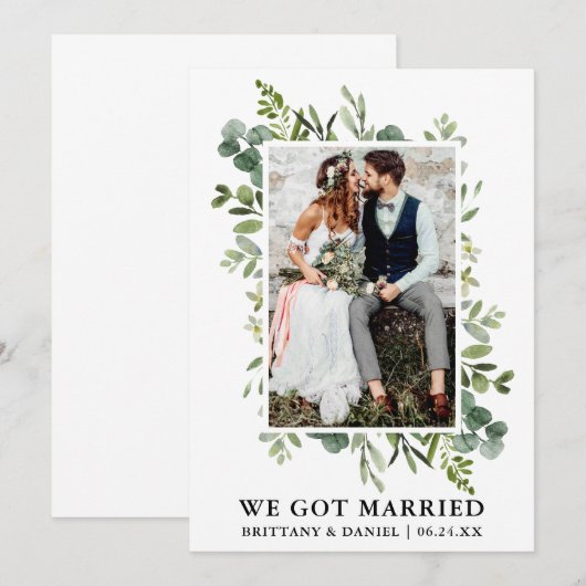 Elegant Waterverf Greenery Foto we zijn getrouwd Aankondiging (Voorkant / Achterkant)