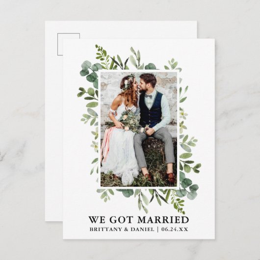 Elegant Waterverf Greenery Foto we zijn getrouwd Briefkaart (Voorkant / Achterkant)