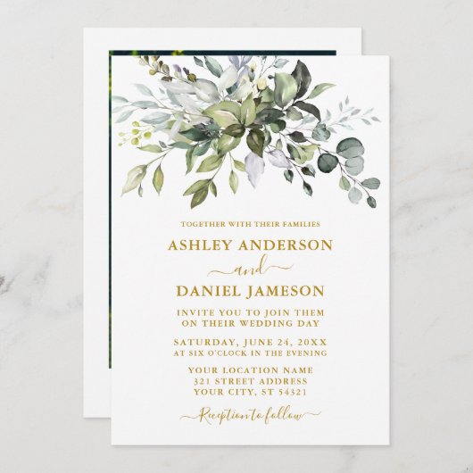 Elegant Waterverf Greenery Foto Wedding Gold Kaart (Voorkant / Achterkant)