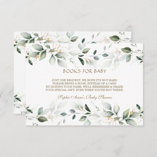 Elegant Waterverf Greenery Gold Books voor Baby Informatiekaartje (Voorkant / Achterkant)