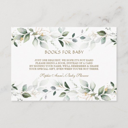 Elegant Waterverf Greenery Gold Books voor Baby Informatiekaartje (Voorkant)