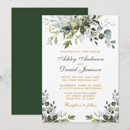Elegant Waterverf Greenery Gold Green Wedding Kaart (Voorkant / Achterkant)