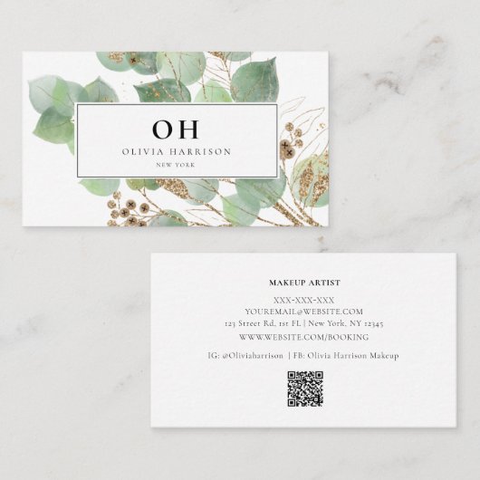 Elegant Waterverf Greenery Gold Leaf Visitekaartje (Voorkant / Achterkant)