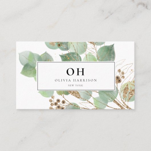 Elegant Waterverf Greenery Gold Leaf Visitekaartje (Voorkant)