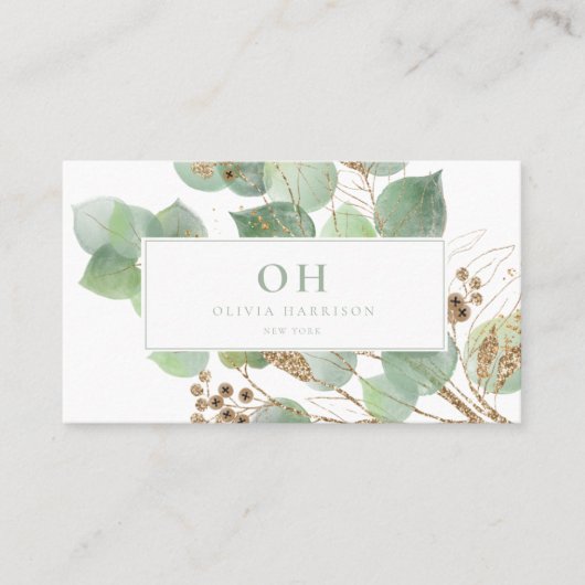 Elegant Waterverf Greenery Gold Leaf Visitekaartje (Voorkant)