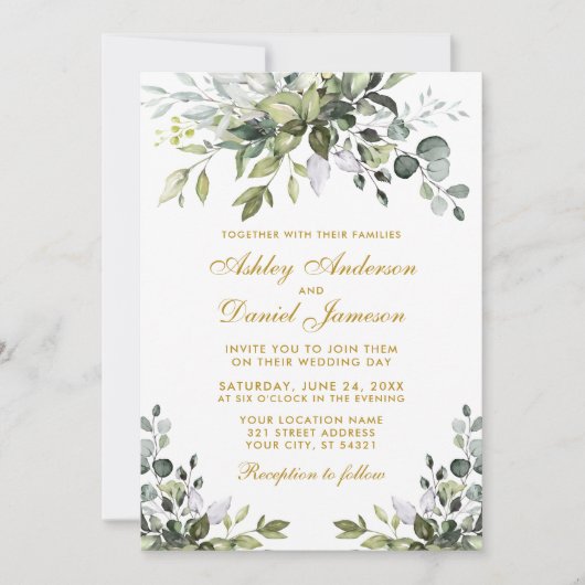 Elegant Waterverf Greenery Gold Wedding Kaart (Voorkant)