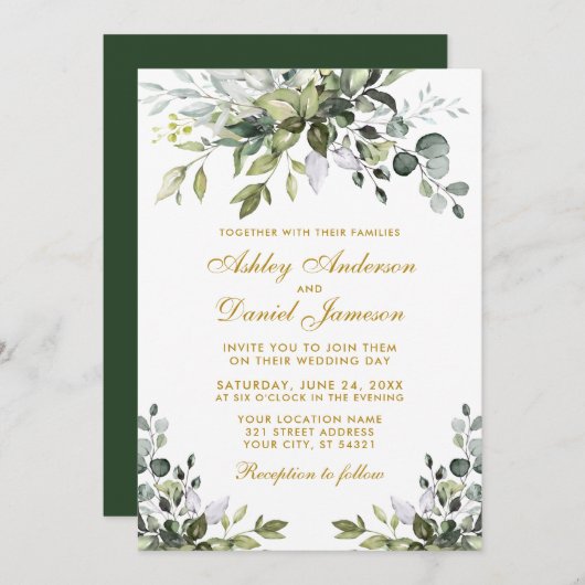 Elegant Waterverf Greenery Gold Wedding Kaart (Voorkant / Achterkant)
