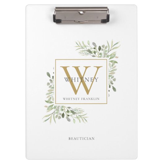 Elegant Waterverf Greenery Gold White Monogram Klembord (Voorkant)