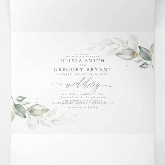 Elegant Waterverf Greenery Minimalist Wedding Drieluik Uitnodiging (Binnenkant midden)