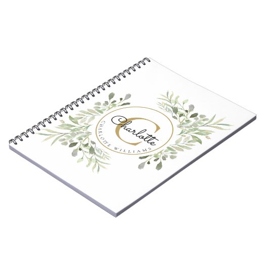 Elegant Waterverf Greenery Monogram Name Notitieboek (Linkerzijde)