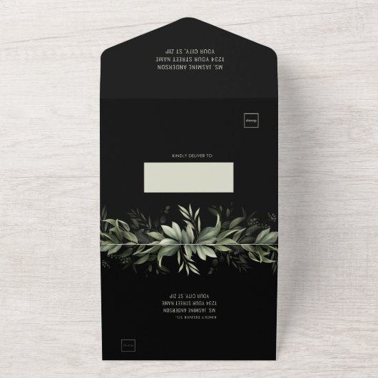 Elegant Waterverf Greenery over zwarte achtergrond All In One Uitnodiging (Buitenkant)