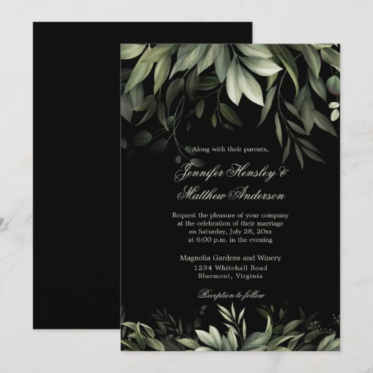 Elegant Waterverf Greenery over zwarte achtergrond Kaart (Voorkant / Achterkant)