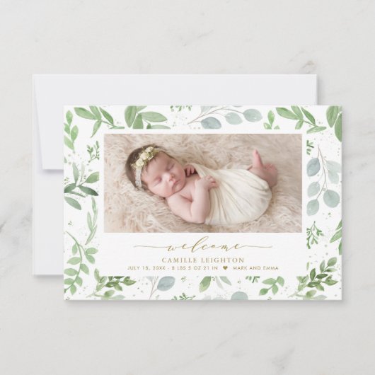 Elegant Waterverf Greenery Pattern Birth Aankondiging (Voorkant)