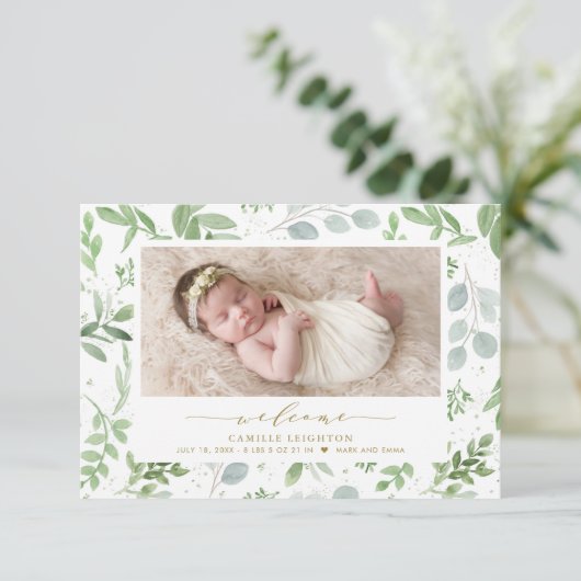 Elegant Waterverf Greenery Pattern Birth Aankondiging (Staand voorkant)