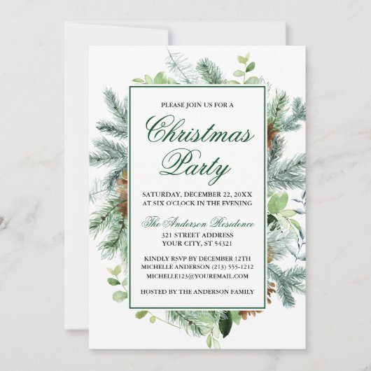 Elegant Waterverf Greenery Pine Kerstparty Kaart (Voorkant)