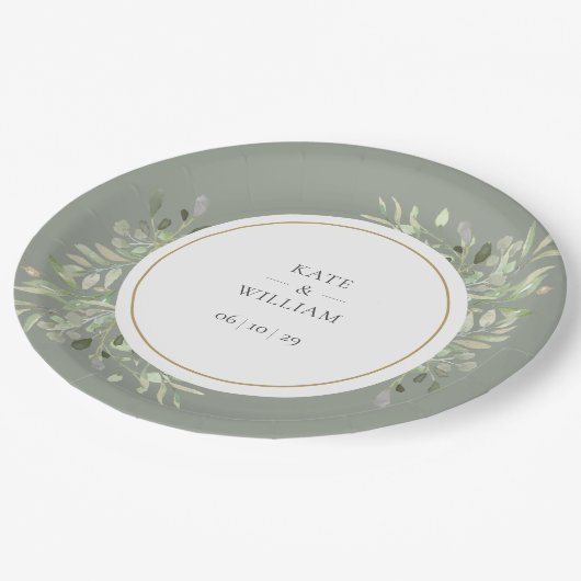 Elegant Waterverf Greenery Sage Green Wedding Papieren Bordje (Gekanteld)