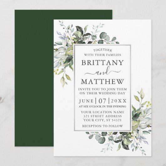 Elegant Waterverf Greenery Silver Lijst Wedding Kaart (Voorkant / Achterkant)