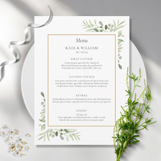 Elegant Waterverf Greenery Wedding Dinner Menu