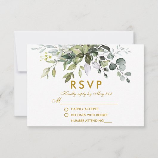 Elegant Waterverf Greenery Wedding Gold RSVP Kaartje (Voorkant)