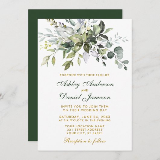 Elegant Waterverf Greenery Wedding Green Gold Kaart (Voorkant / Achterkant)