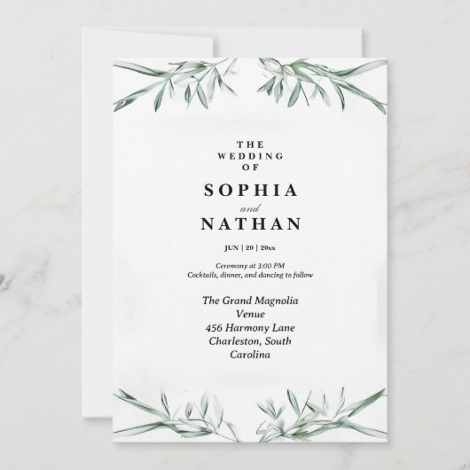 Elegant Waterverf Greenery Wedding Invitation Kaart (Voorkant)