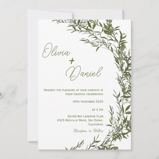 Elegant Waterverf Greenery Wedding Invitation Kaart (Voorkant)