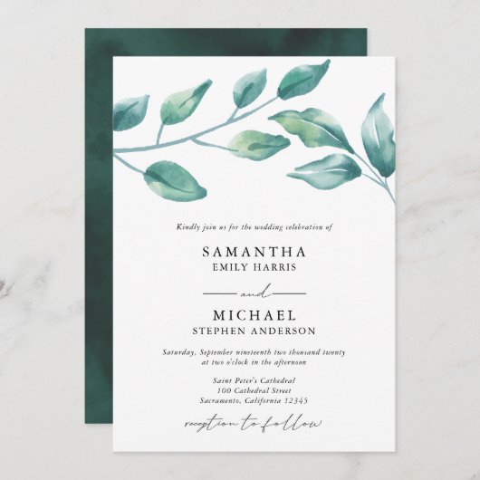 Elegant Waterverf Greenery Wedding Kaart (Voorkant / Achterkant)