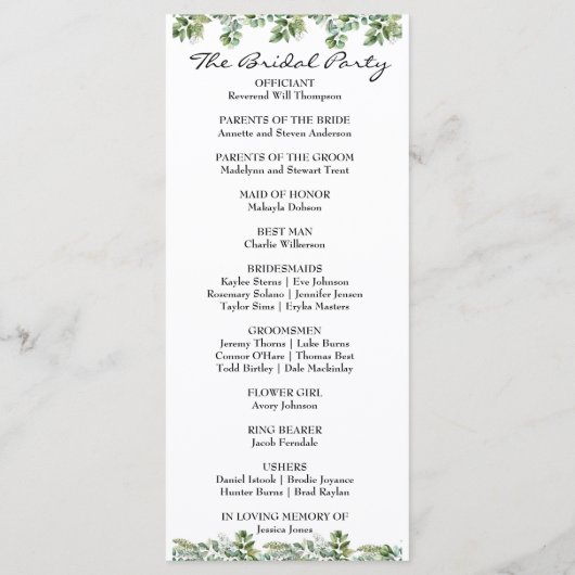 Elegant Waterverf Greenery Wedding Programmakaart (Achterkant)