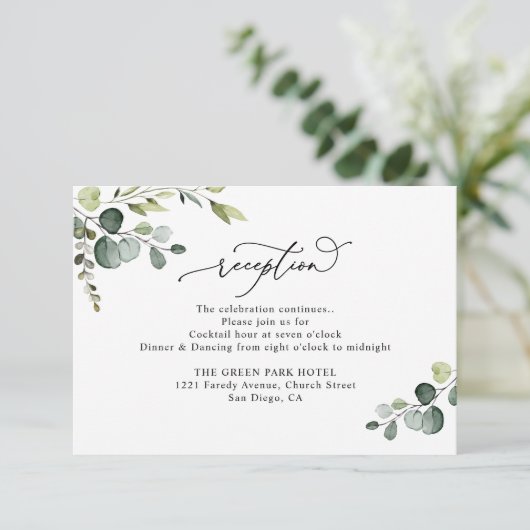 Elegant Waterverf Greenery Wedding Reception Informatiekaartje (Staand voorkant)