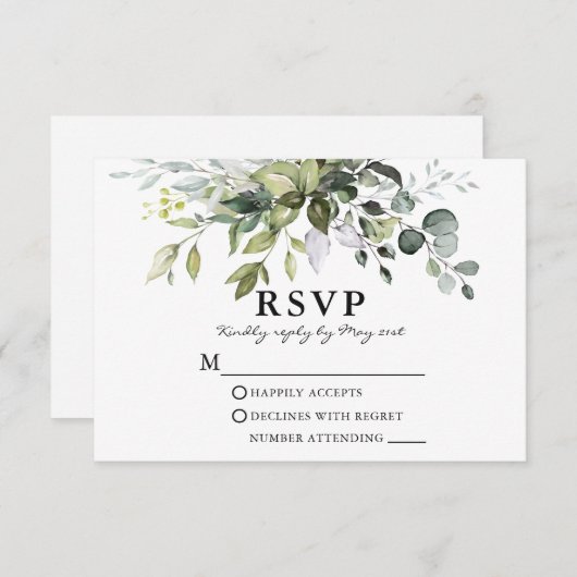 Elegant Waterverf Greenery Wedding RSVP Kaartje (Voorkant / Achterkant)