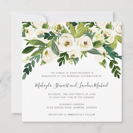 Elegant Waterverf Greenery White Floral Wedding Kaart (Voorkant)