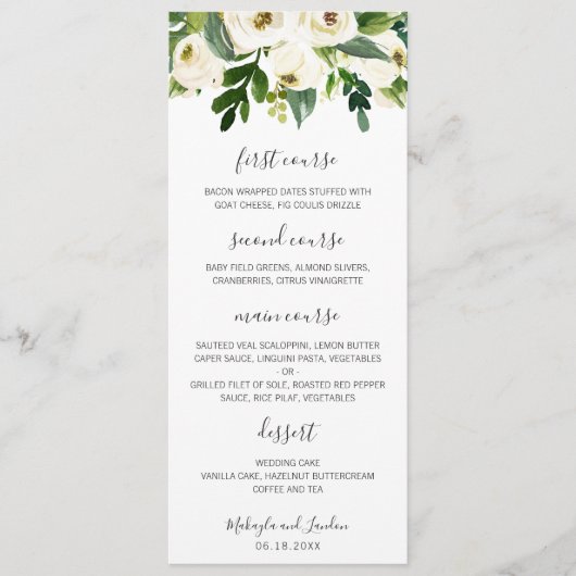 Elegant Waterverf Greenery White Floral Wedding Menu (Voorkant)