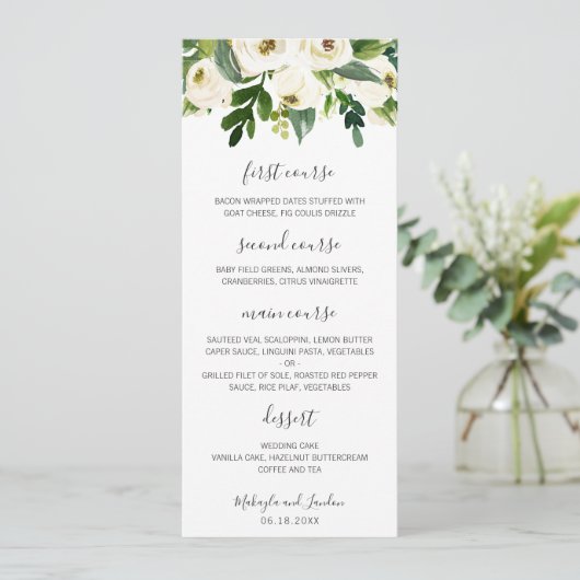 Elegant Waterverf Greenery White Floral Wedding Menu (Staand voorkant)