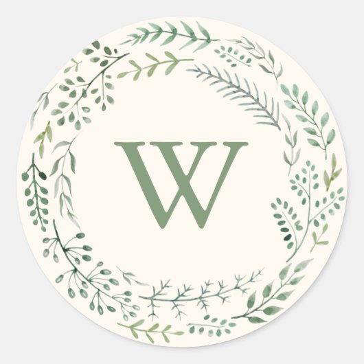 Elegant Waterverf Greenery Wreath Monogram Ronde Sticker (Voorkant)