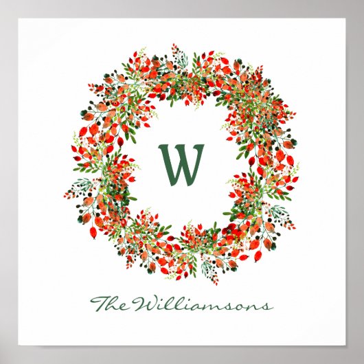 Elegant Waterverf Greenery Wreator Monogram Custom Poster (Voorkant)