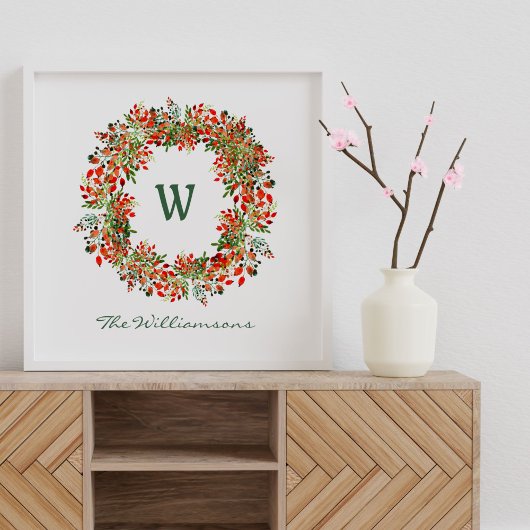 Elegant Waterverf Greenery Wreator Monogram Custom Poster