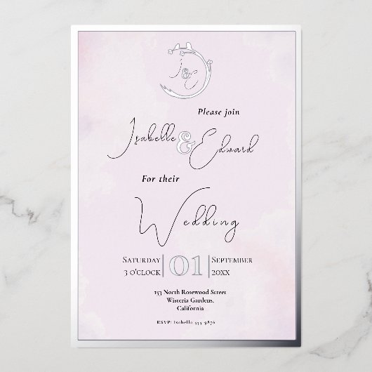 Elegant Waterverf Grey Lovevogels & Roze bruiloft Folie Uitnodiging (Voorkant)