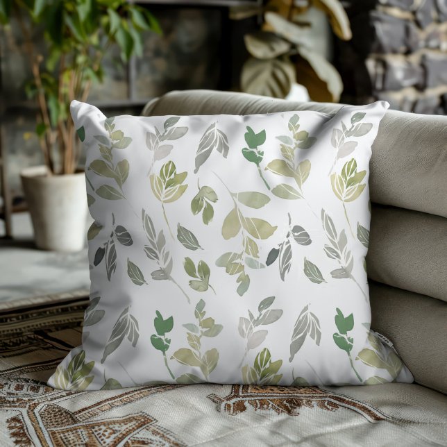 Elegant Waterverf Groen Blad Patroon  Kussen (Creator heeft geüpload)