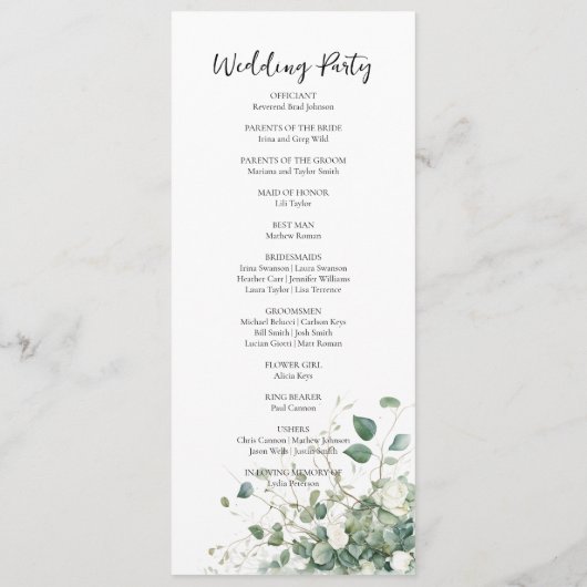 Elegant waterverf groen bruiloft programma programmakaart (Achterkant)