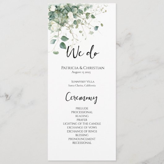 Elegant waterverf groen bruiloft programma programmakaart (Voorkant)