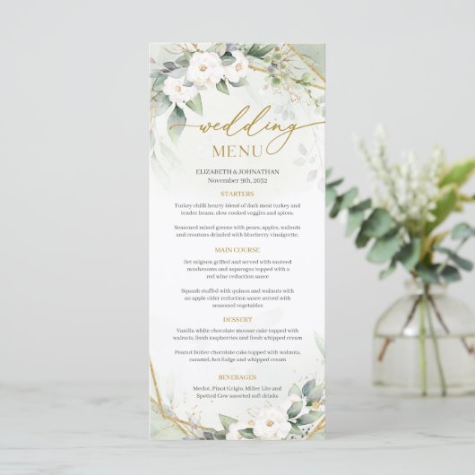 Elegant waterverf groen en wit bloemengoud menu (Staand voorkant)