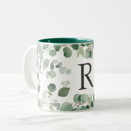Elegant Waterverf groen monogram Tweekleurige Koffiemok (Voorkant links)