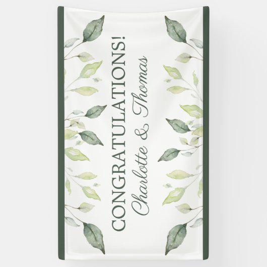 Elegant Waterverf Groene bladeren & Trim Wedding Spandoek (Verticaal)