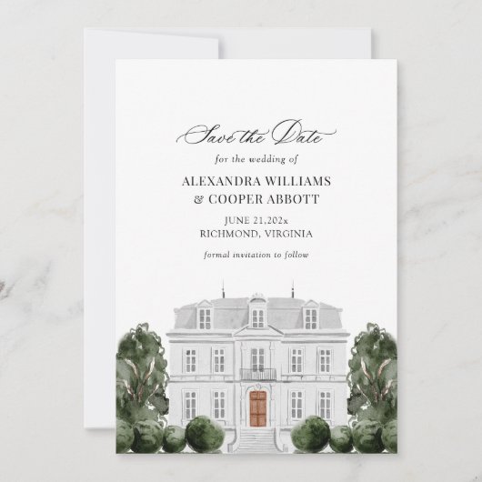 Elegant Waterverf herenhuis Save the Date Kaart (Voorkant)