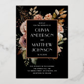 Elegant waterverf herfst floral gold black bruilof folie uitnodiging (Voorkant)